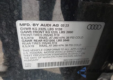 2023 Audi Q3 Premium 45 Tfsi S Line Quattro Tiptronic из США, поврежденный, VIN WA1DECF33P1114028